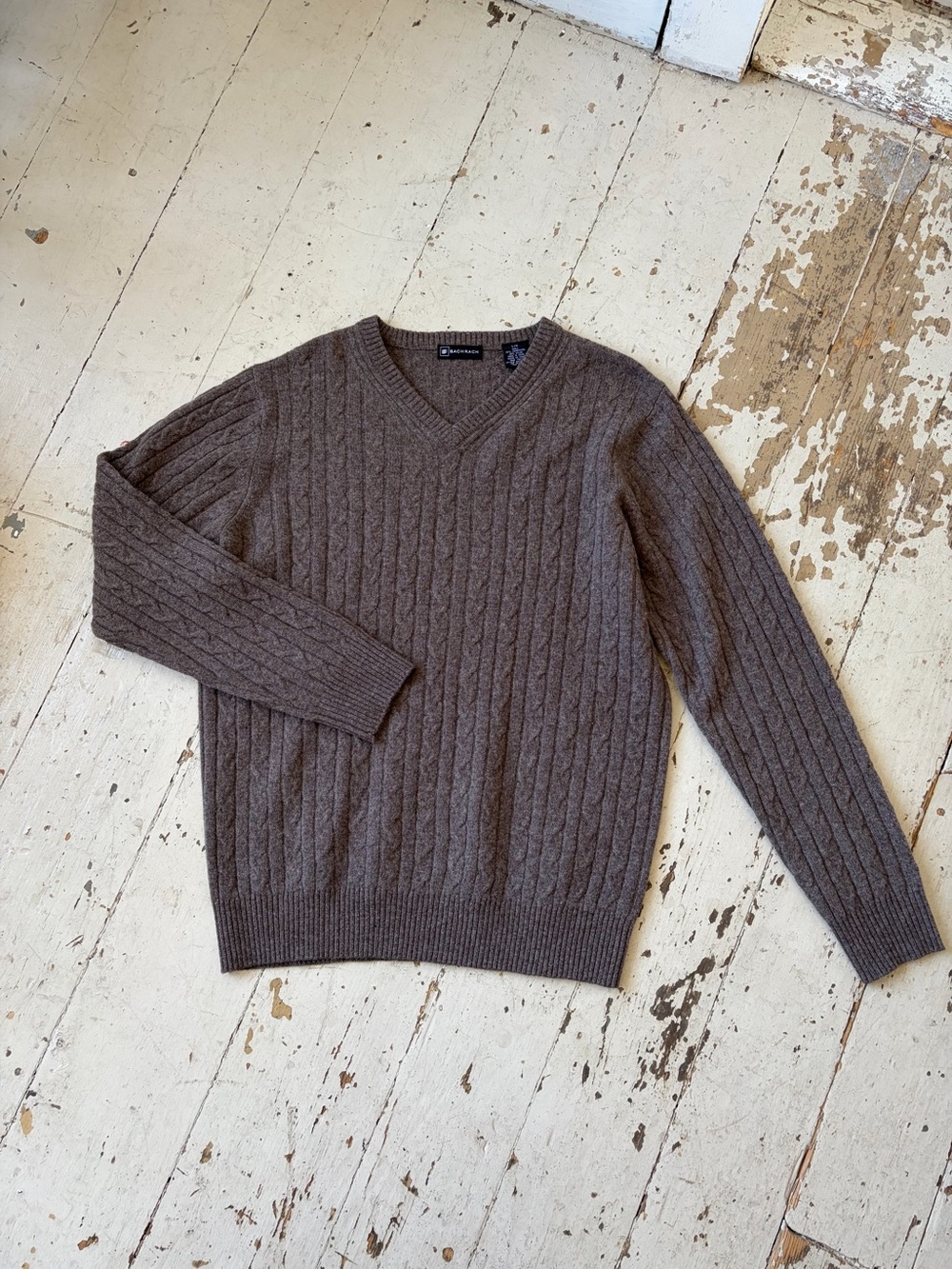 Vintage Bachrach Lambswool Nylon Brown Cable-Knit V-Neck Sweater